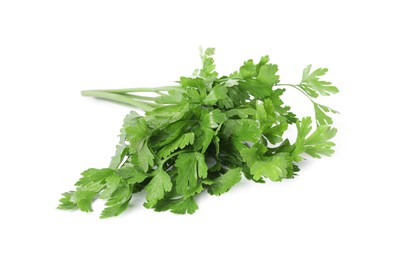 Photo of Heap of chopped parsley leaves isolated on white