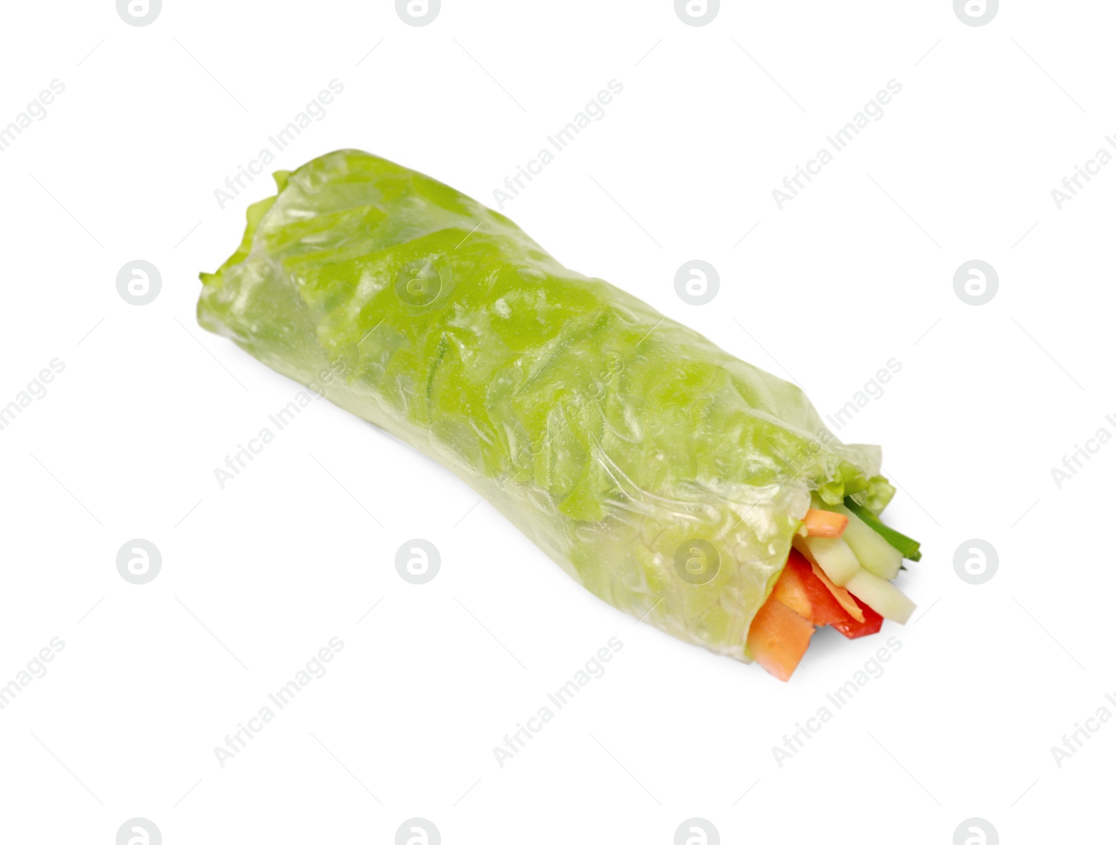 Photo of Tasty spring roll wrapped in rice paper isolated on white