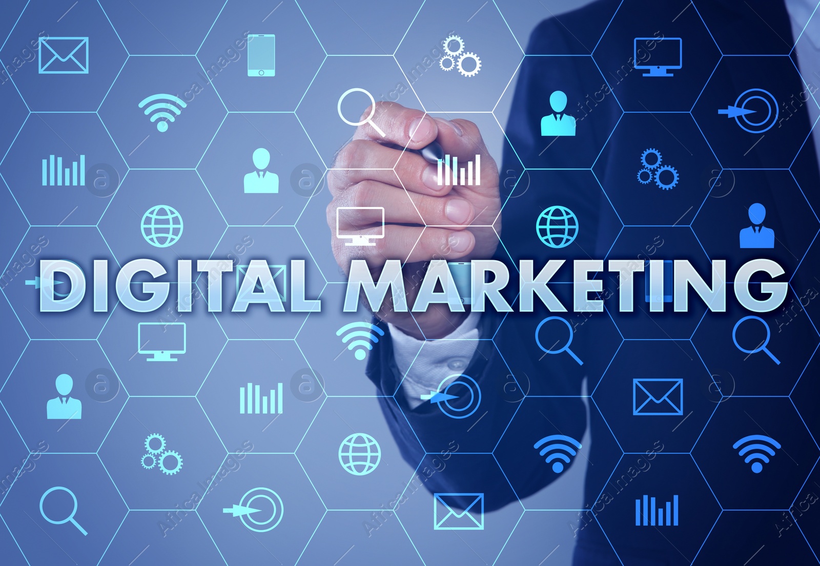 Image of Digital marketing. Businessman touching virtual screen with icons, closeup