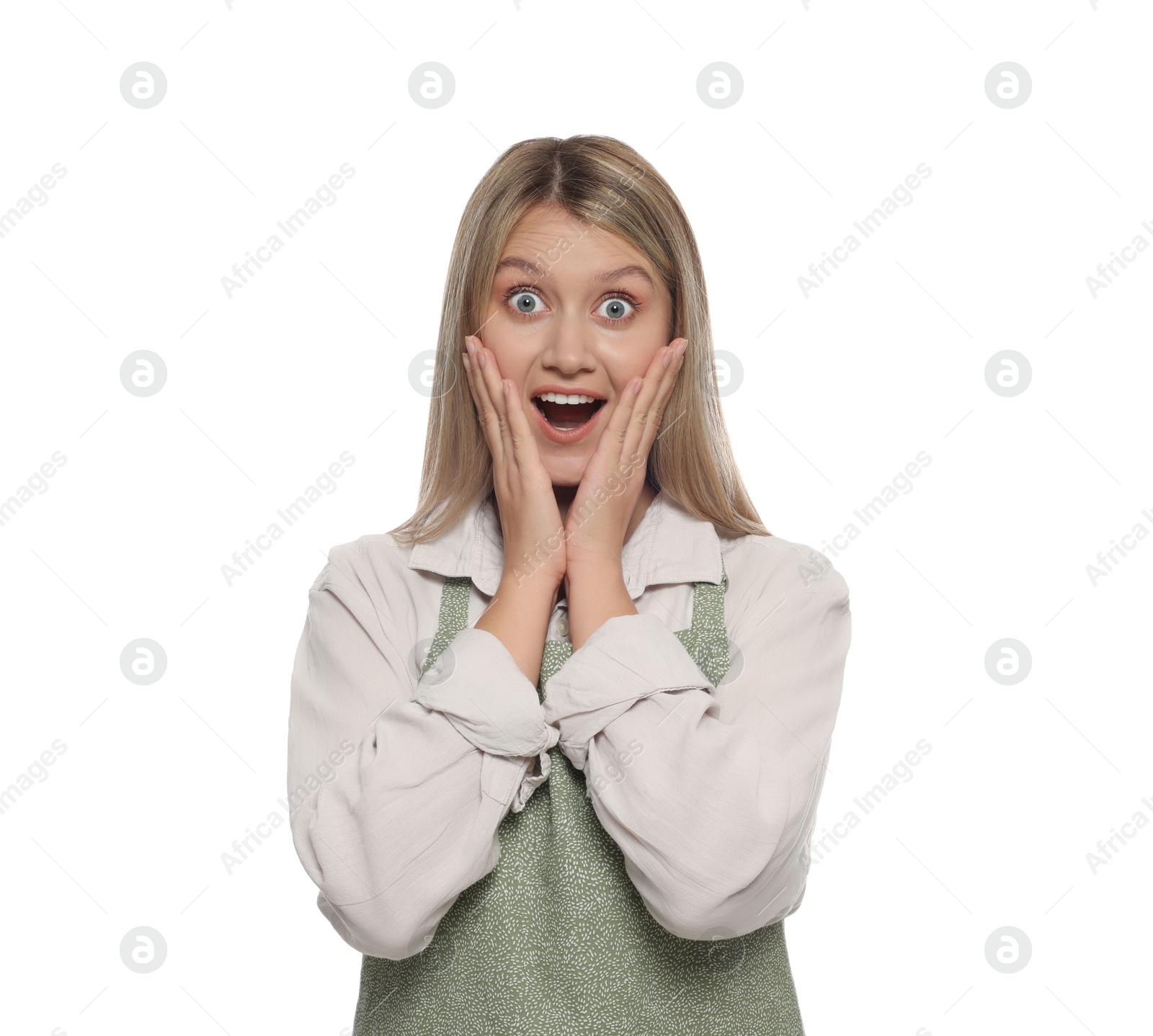 Photo of Beautiful young woman in clean apron on white background