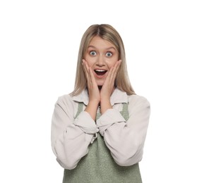 Photo of Beautiful young woman in clean apron on white background