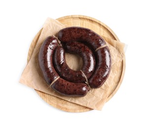Photo of Tasty blood sausages and wooden board on white background, top view