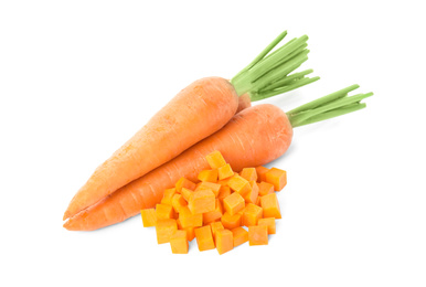 Photo of Whole and cut ripe carrots isolated on white