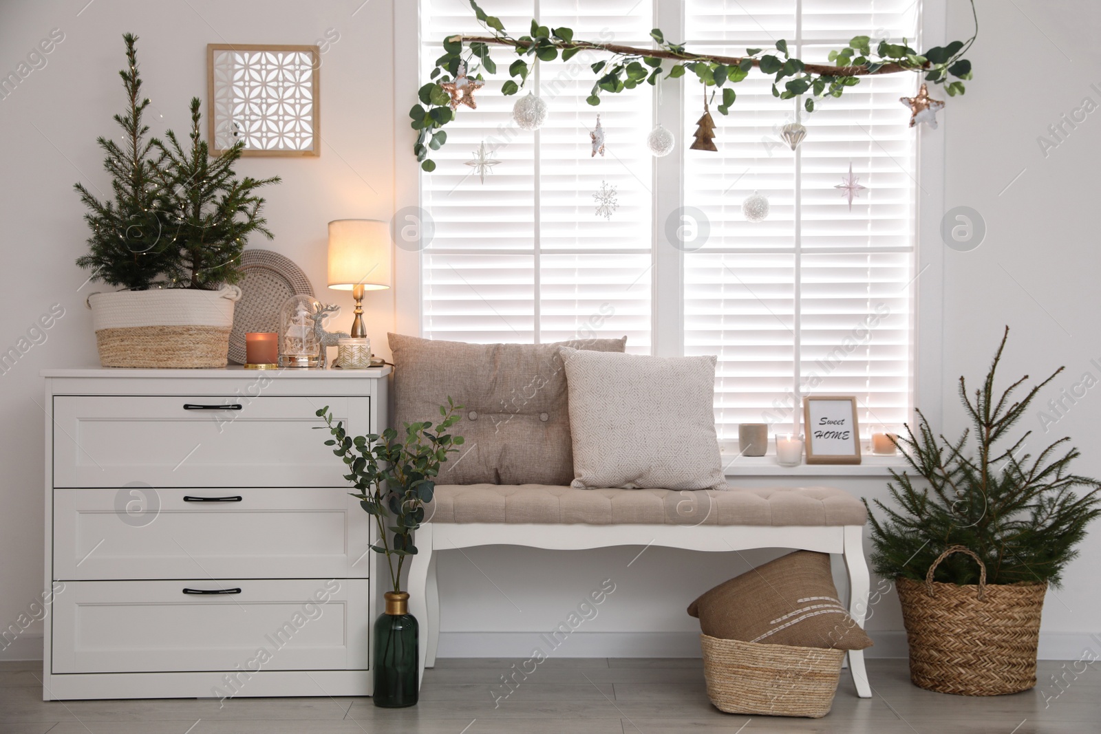 Photo of Beautiful room interior decorated for Christmas with potted firs