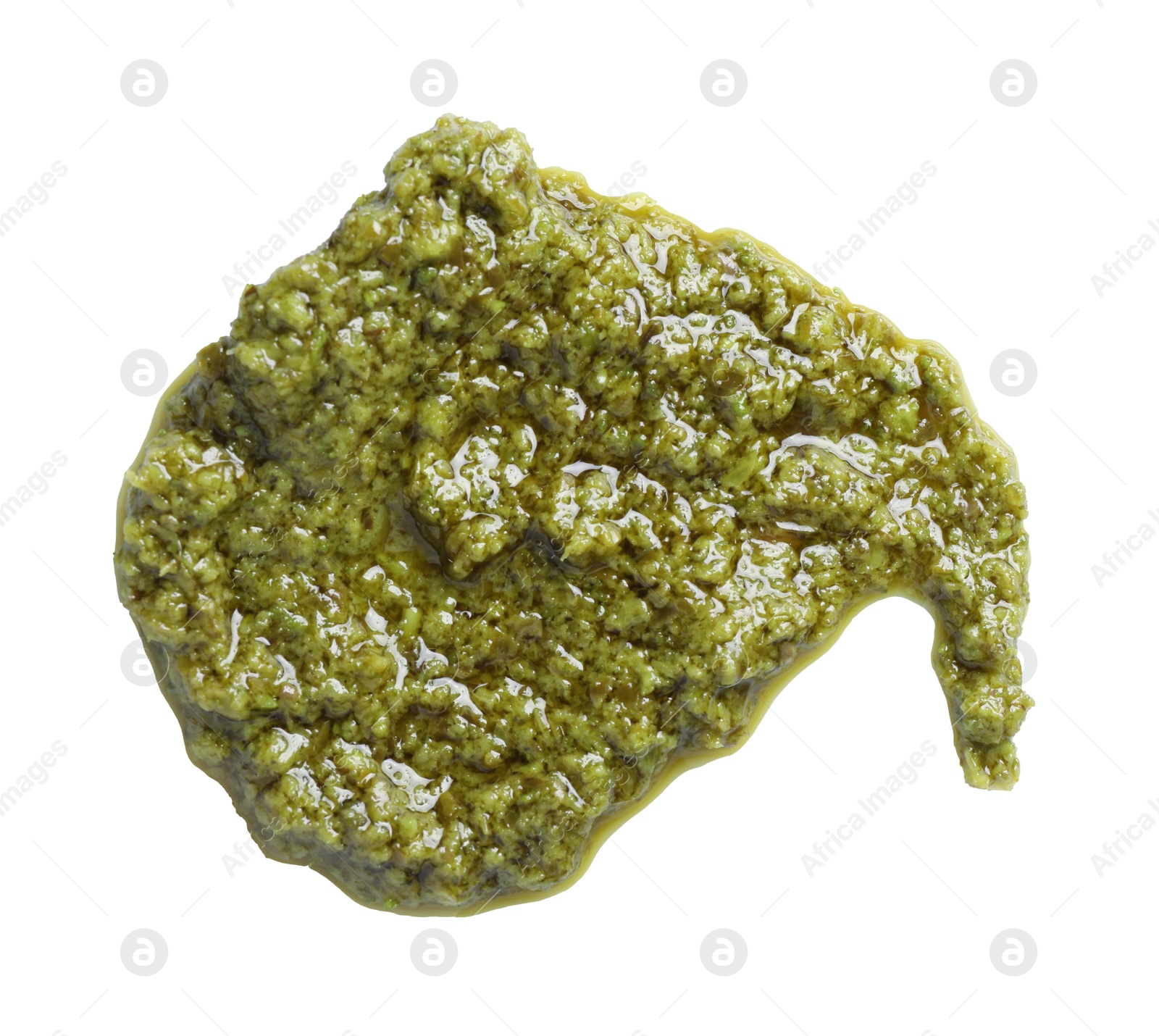 Photo of Sample of tasty pesto sauce isolated on white, top view