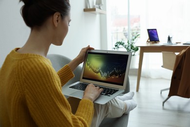 Photo of Woman working with laptop indoors. Forex trading