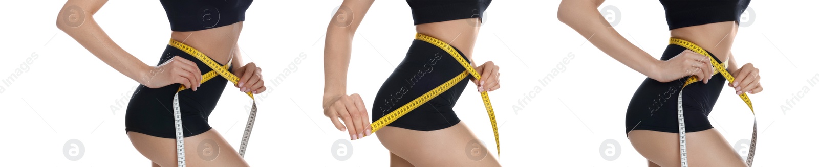 Image of Collage with photos of young woman with measuring tape on white background, closeup. Banner design 