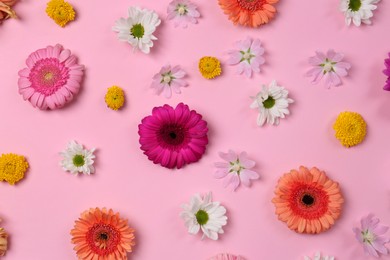 Photo of Flat lay composition with different beautiful flowers on pale pink background