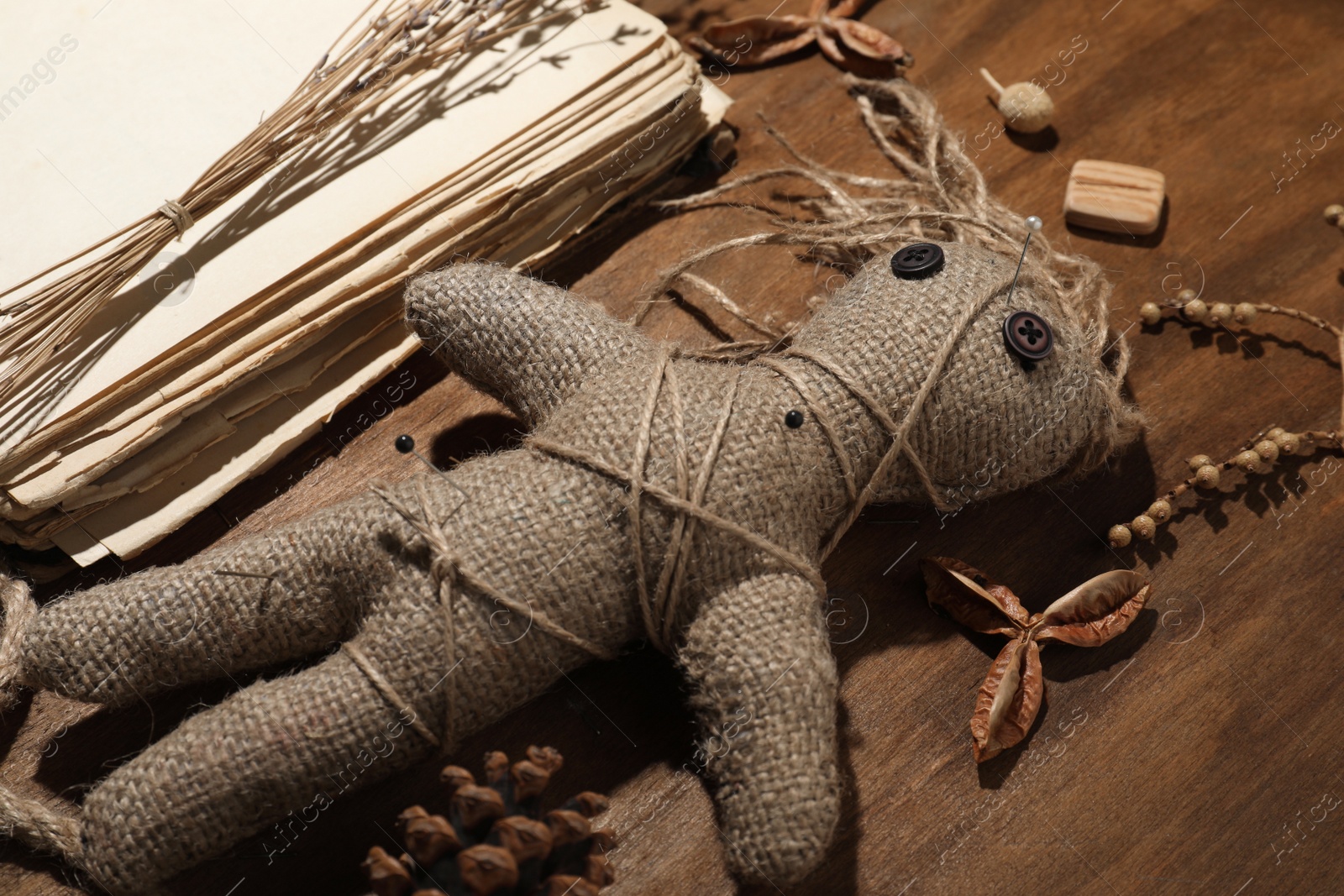 Photo of Female voodoo doll with pins surrounded by ceremonial items on wooden background, closeup