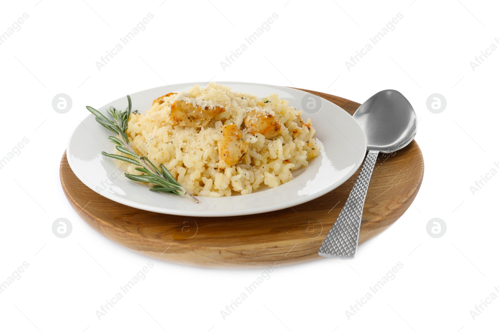 Photo of Delicious chicken risotto with rosemary isolated on white
