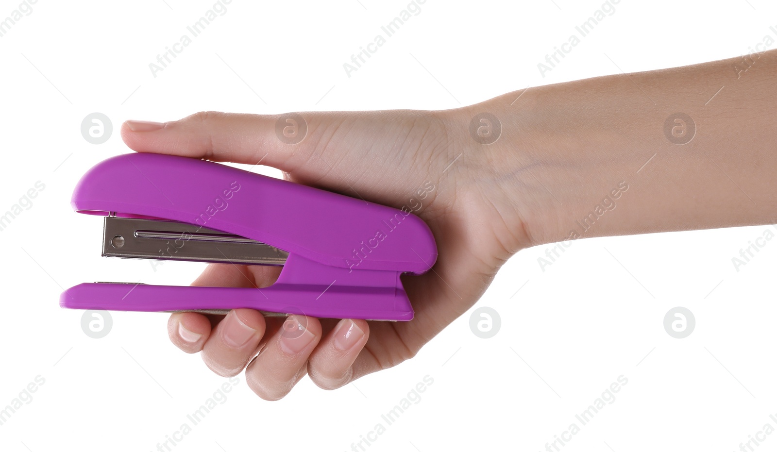 Photo of Woman holding purple stapler on white background, closeup