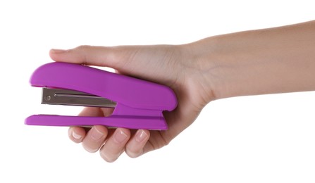 Woman holding purple stapler on white background, closeup