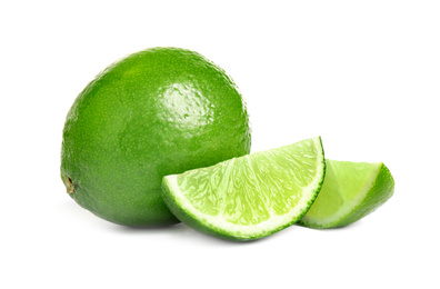 Fresh ripe green limes isolated on white