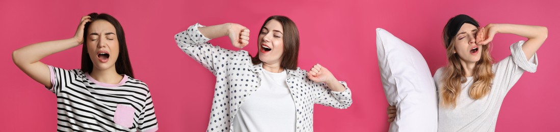 Sleepy women yawning on pink background, collage. Banner design 