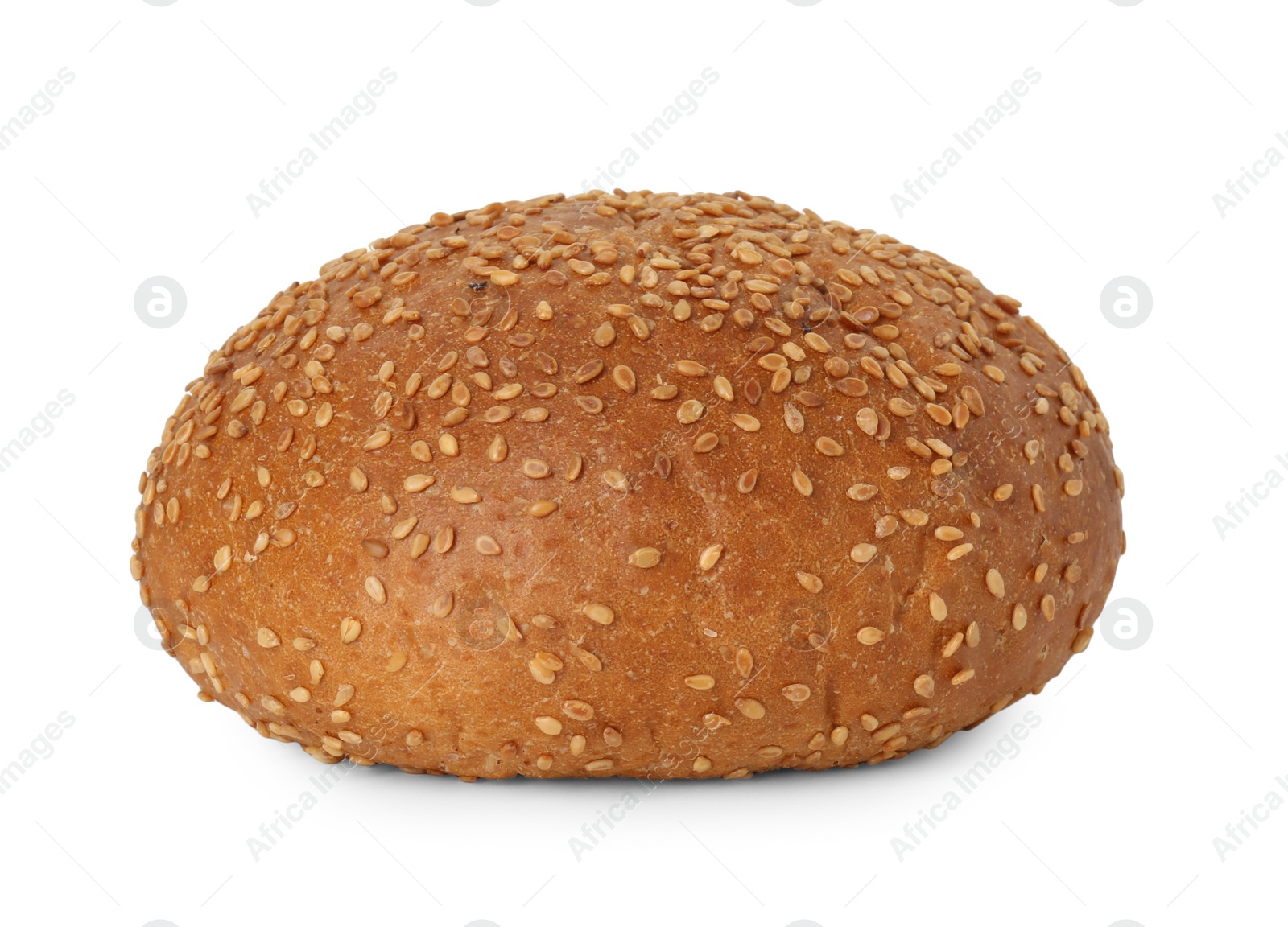 Photo of One fresh hamburger bun with sesame seeds isolated on white