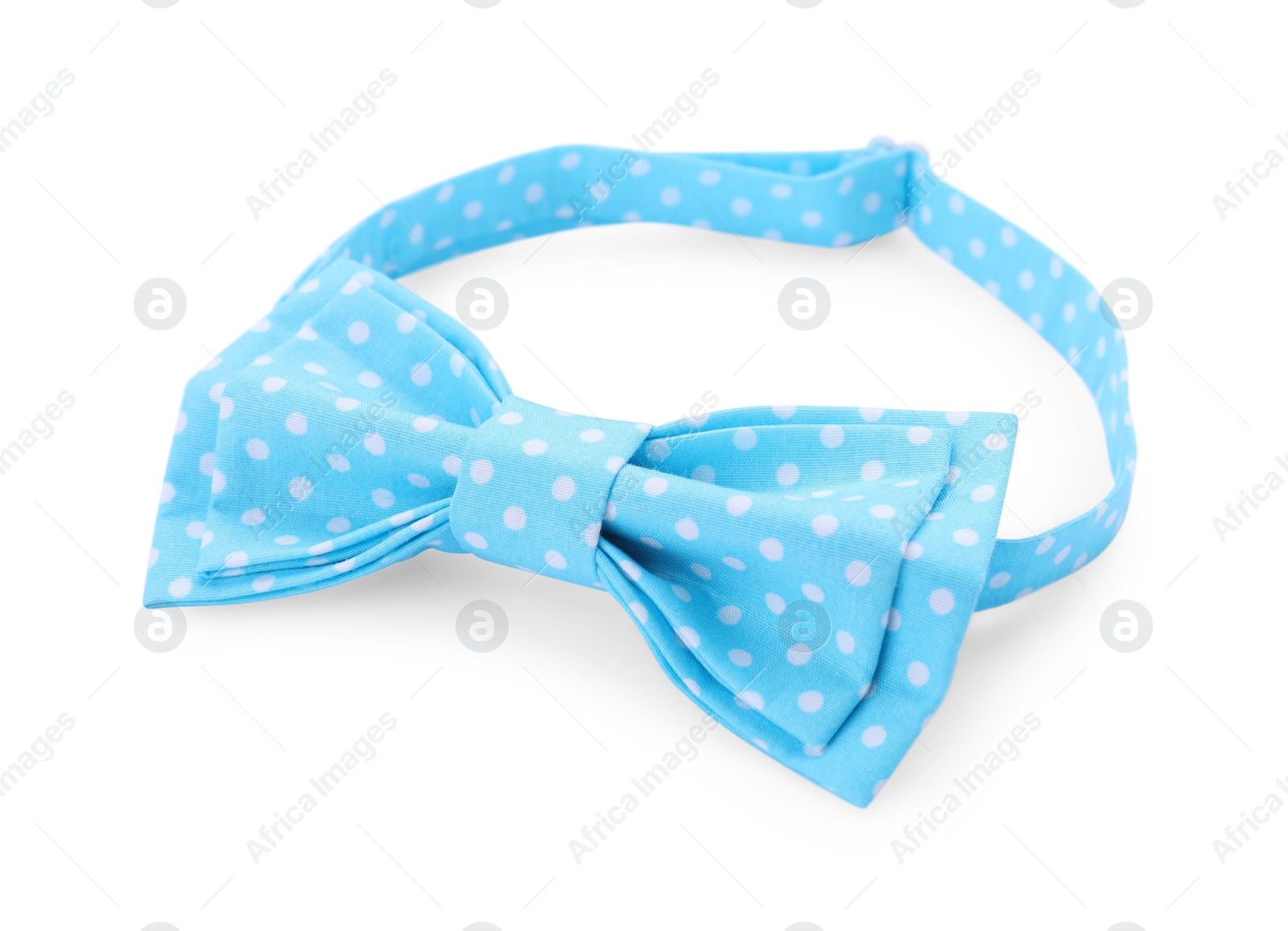 Photo of Stylish light blue bow tie with polka dot pattern on white background
