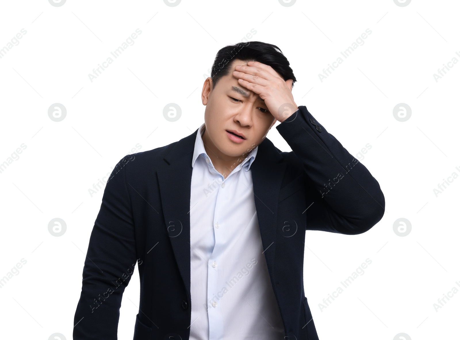 Photo of Tired businessman in suit posing on white background