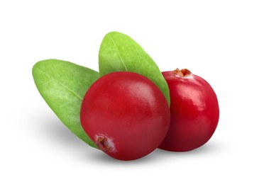 Image of Fresh ripe cranberries with leaves isolated on white