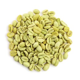 Heap of green coffee beans isolated on white, top view