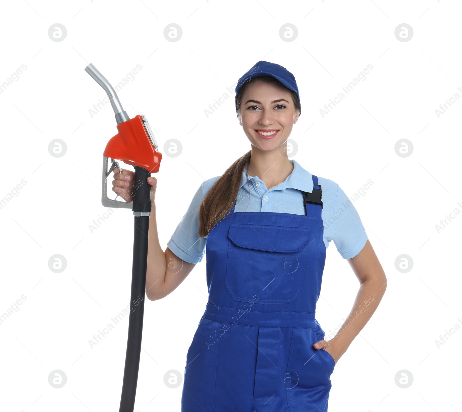 Photo of Gas station worker with fuel nozzle on white background