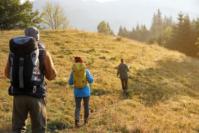 Photo of Tourists with backpacks hiking in mountains on sunny day, back view