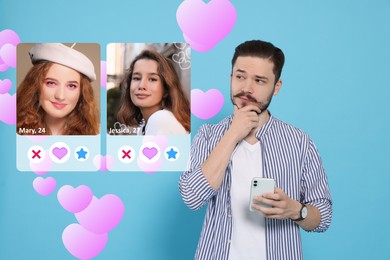 Image of Looking for partner via dating site. Man with smartphone on light blue background. Women's profiles with photos and information