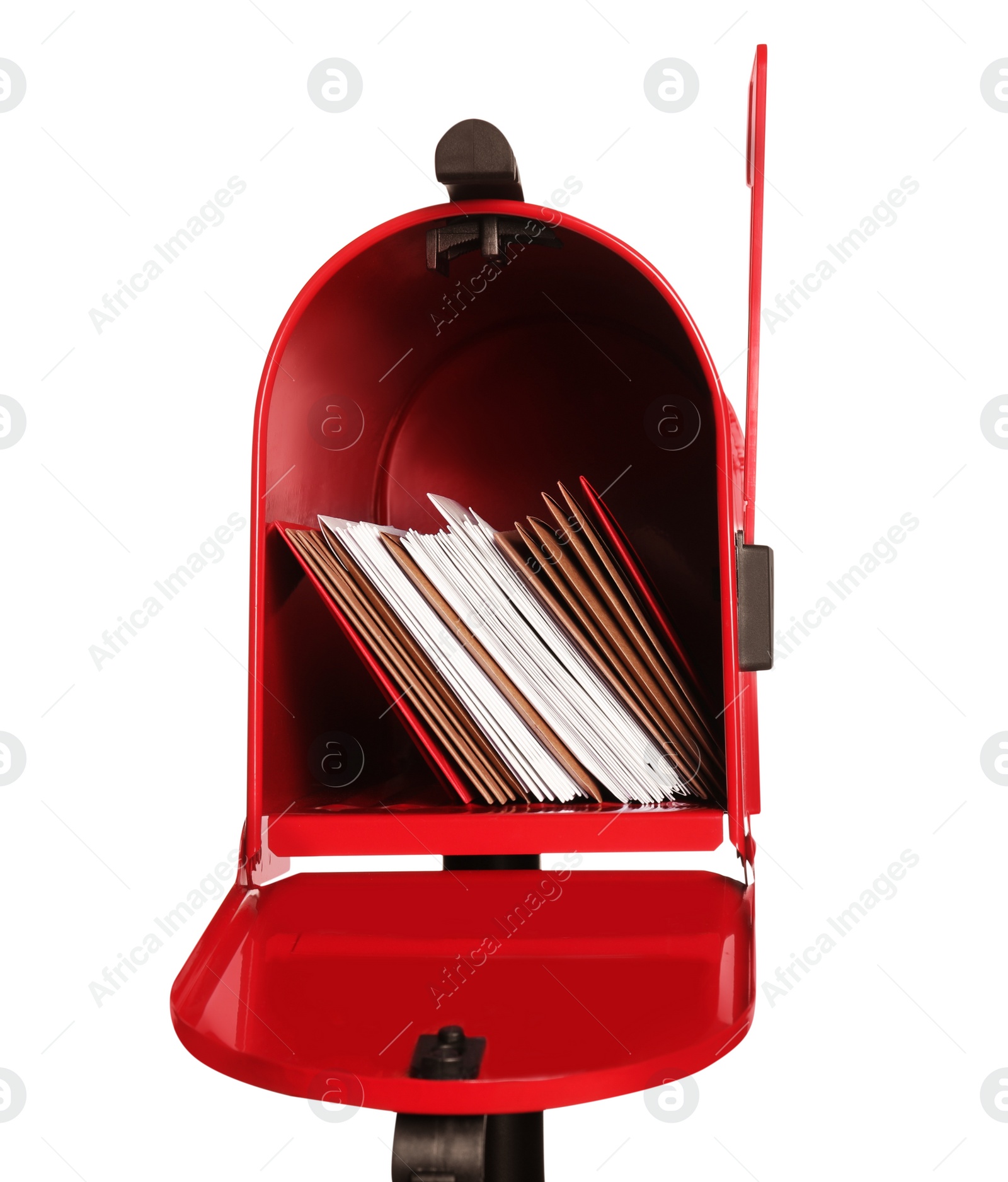 Photo of Open red letter box with envelopes isolated on white