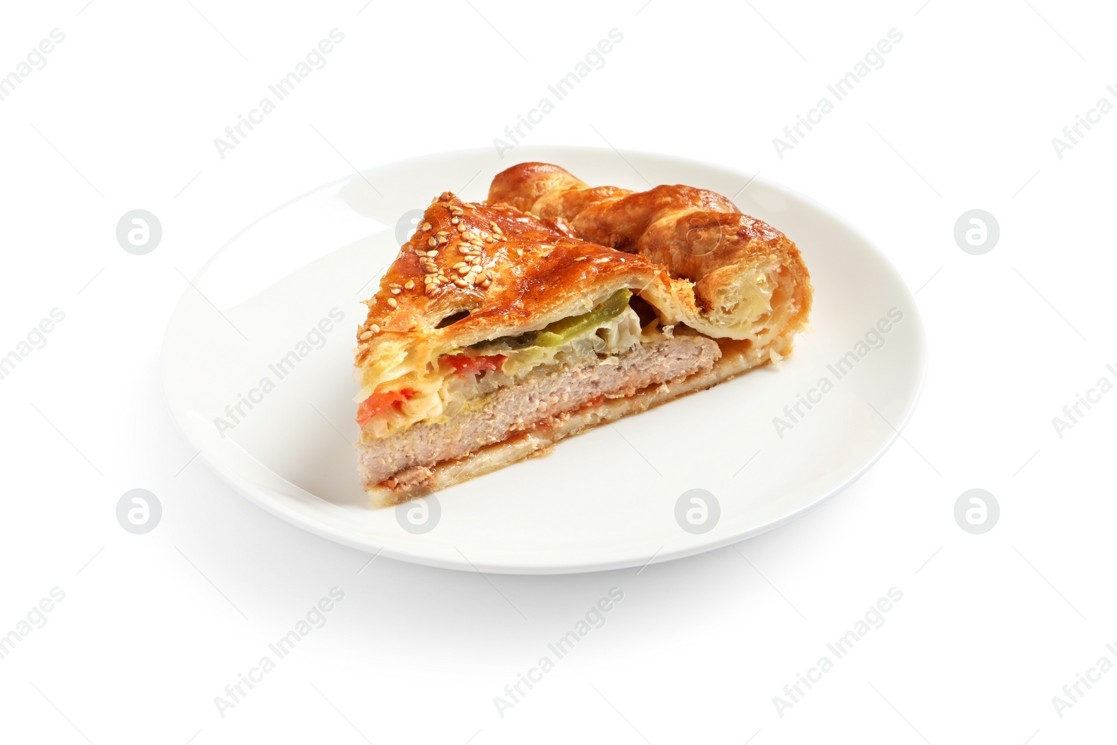 Photo of Piece of tasty homemade pie with filling isolated on white