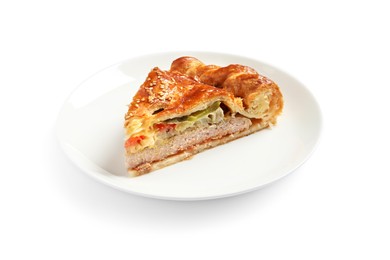 Photo of Piece of tasty homemade pie with filling isolated on white