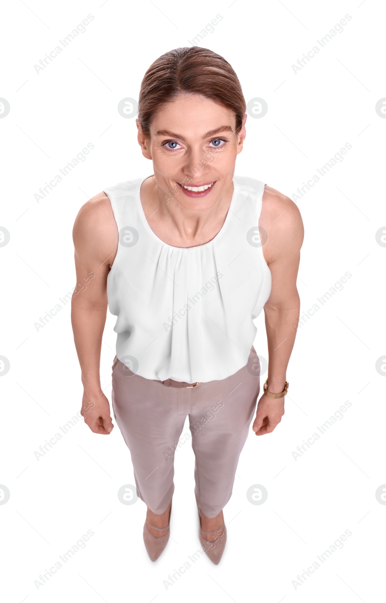 Photo of Beautiful happy businesswoman on white background, above view