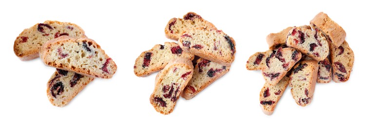 Image of Set with tasty cantucci on white background, top view. Traditional Italian biscuits