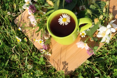 Green cup with tea, different wildflowers and herbs on wooden board in meadow, above view
