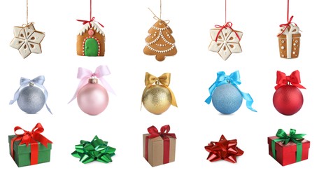 Image of New Year celebration stuff isolated on white. Collection of cookies, festive baubles, gift boxes and bows