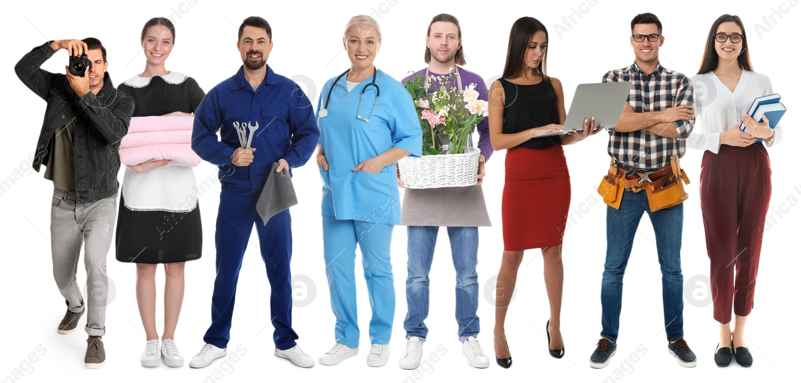 Image of Collage with people of different professions on white background. Banner design