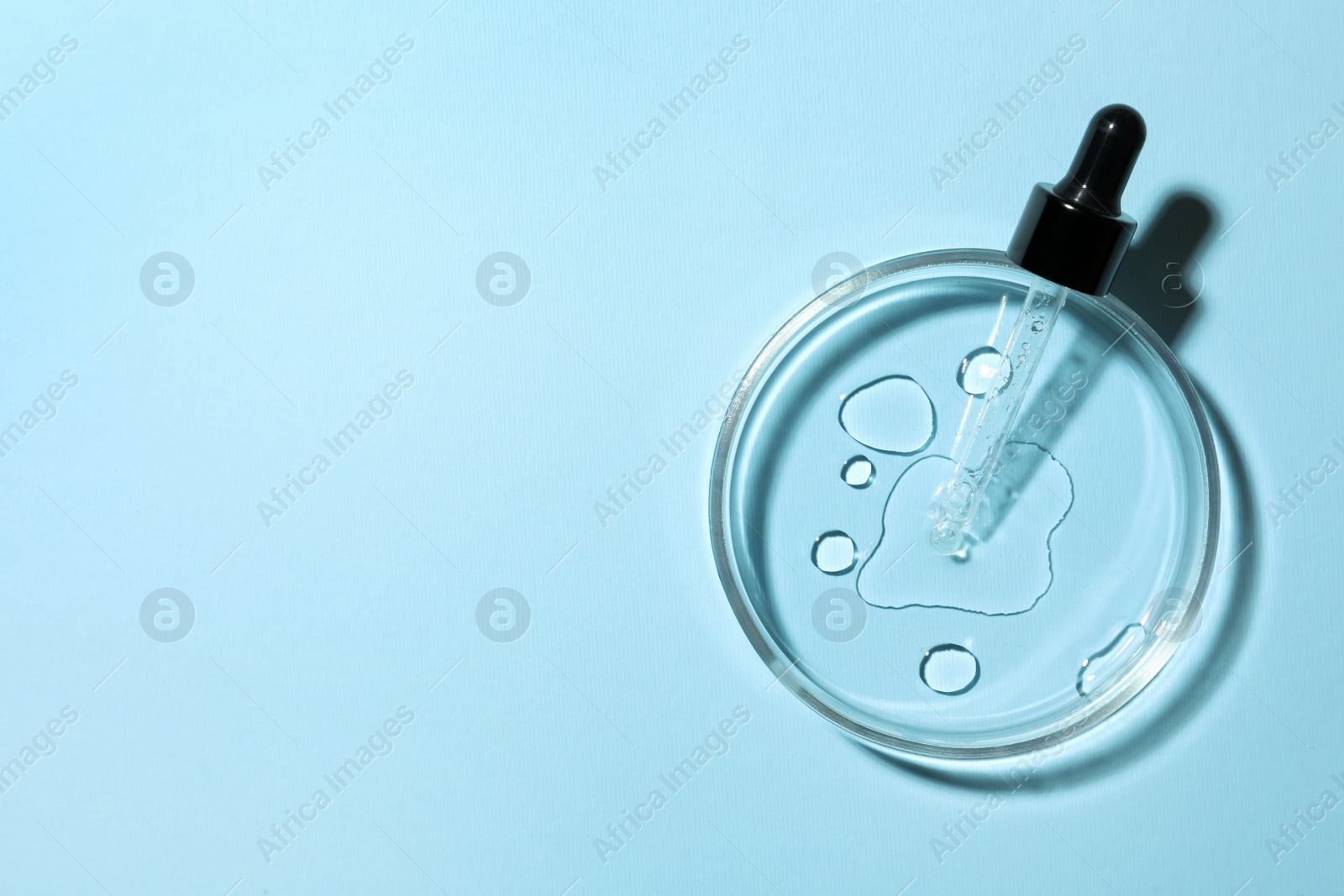 Photo of Petri dish with pipette on light blue background, top view. Space for text