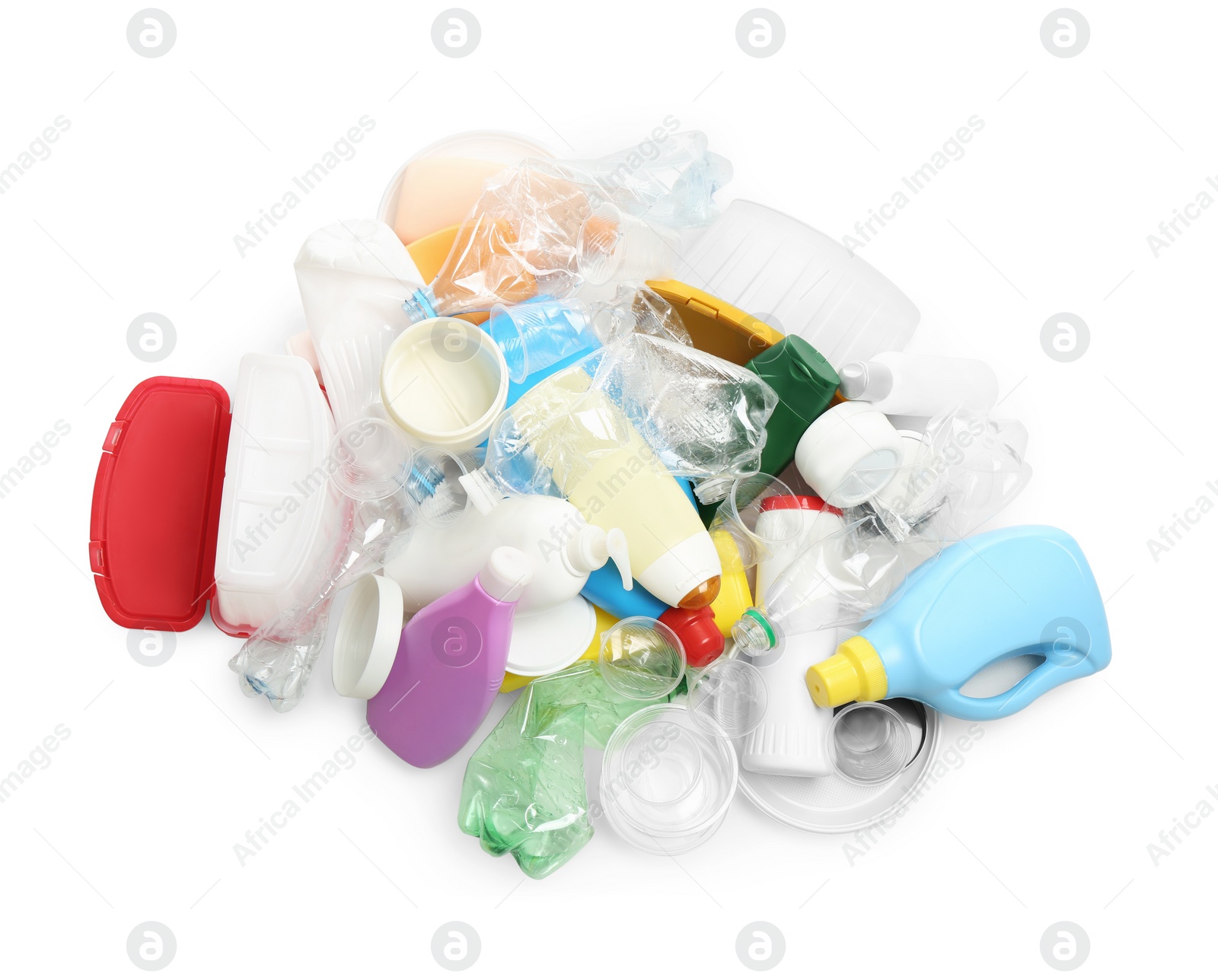 Photo of Pile of plastic garbage on white background, top view