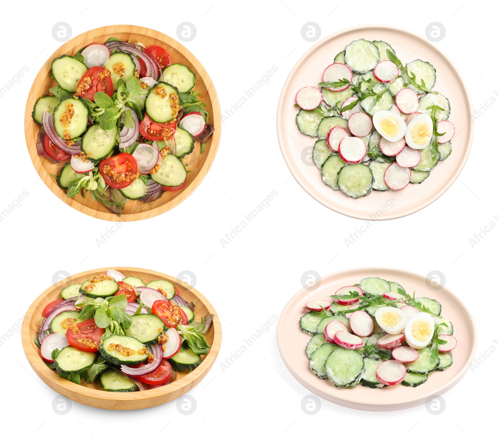 Image of Set of delicious salad with cucumbers and different ingredients on white background