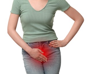 Image of Woman suffering from cystitis symptoms on white background, closeup