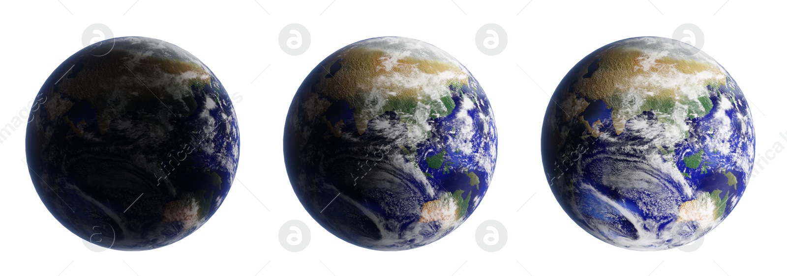 Illustration of Illustrations of planet Earth on white background, collage. Banner design