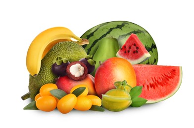 Image of Many different fresh fruits on white background