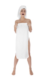 Photo of Full length portrait of young pretty woman with towels on white background