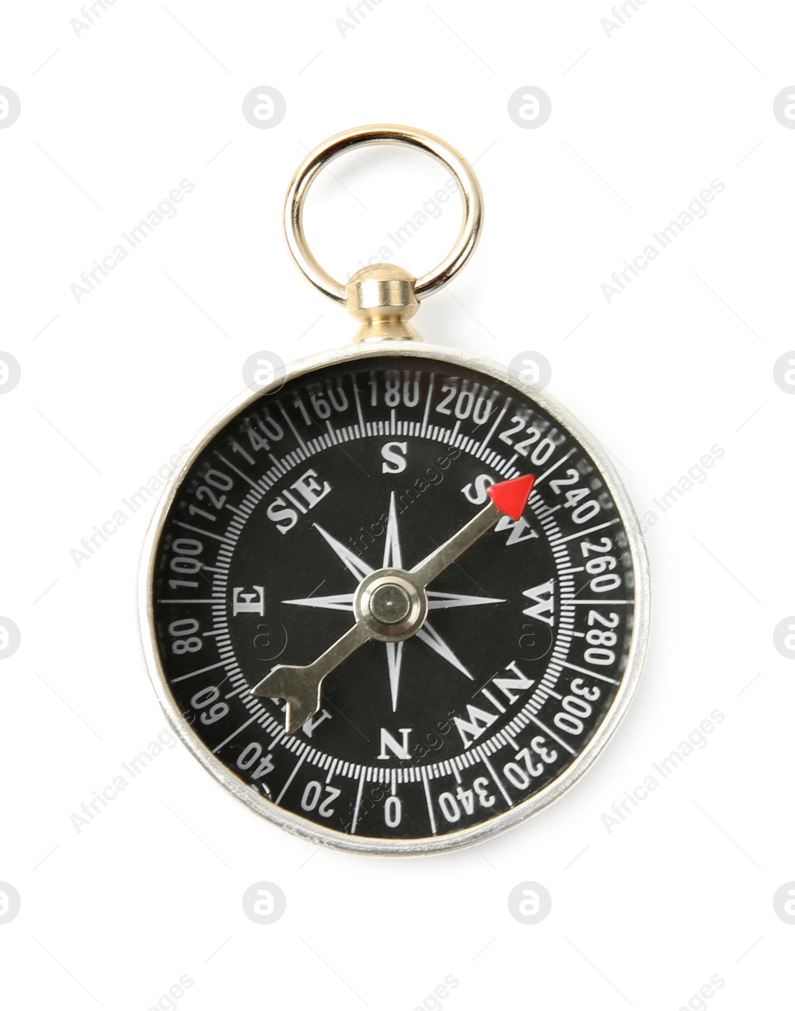 Photo of Modern compass on white background, top view. Camping equipment