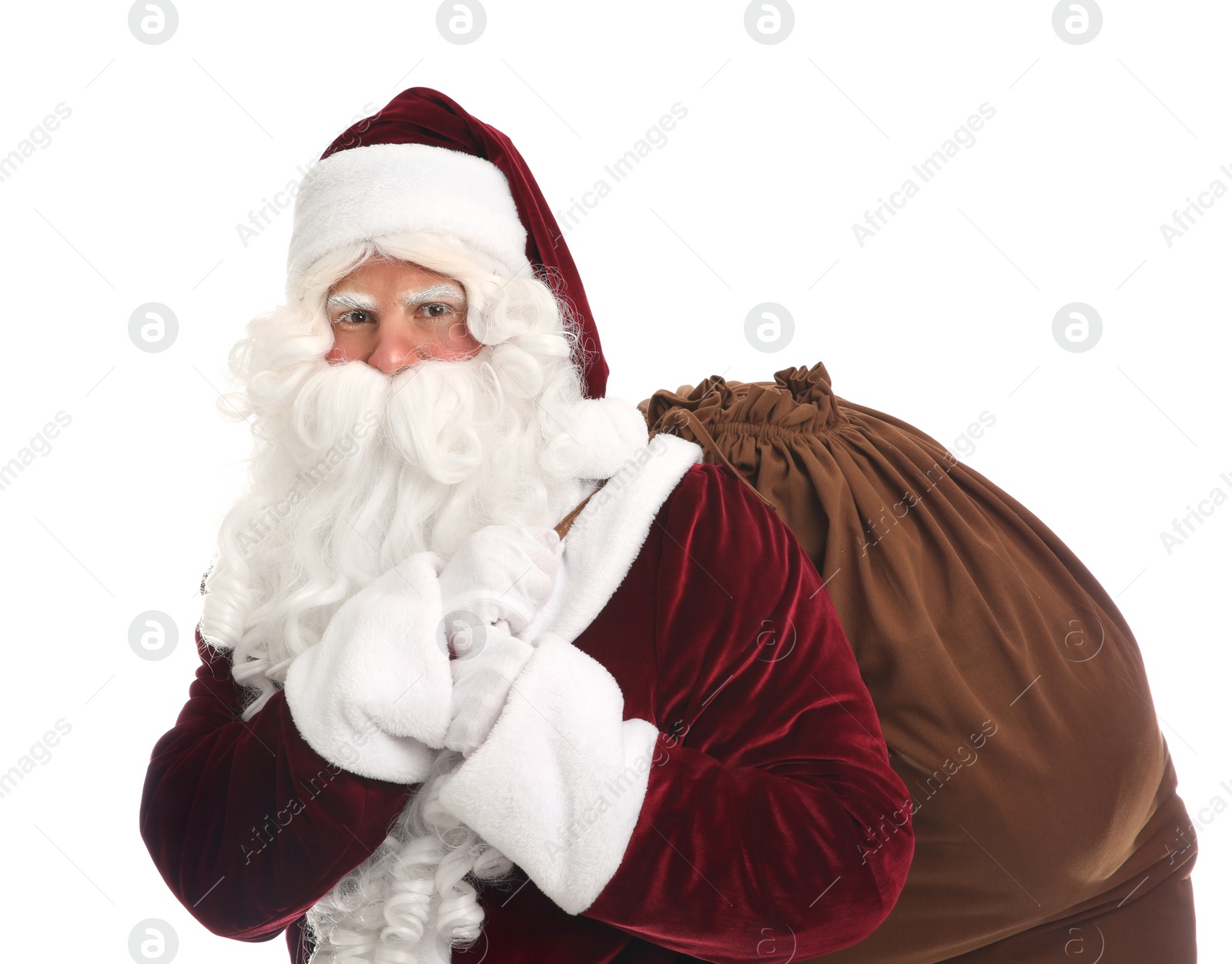 Photo of Santa Claus with sack on white background