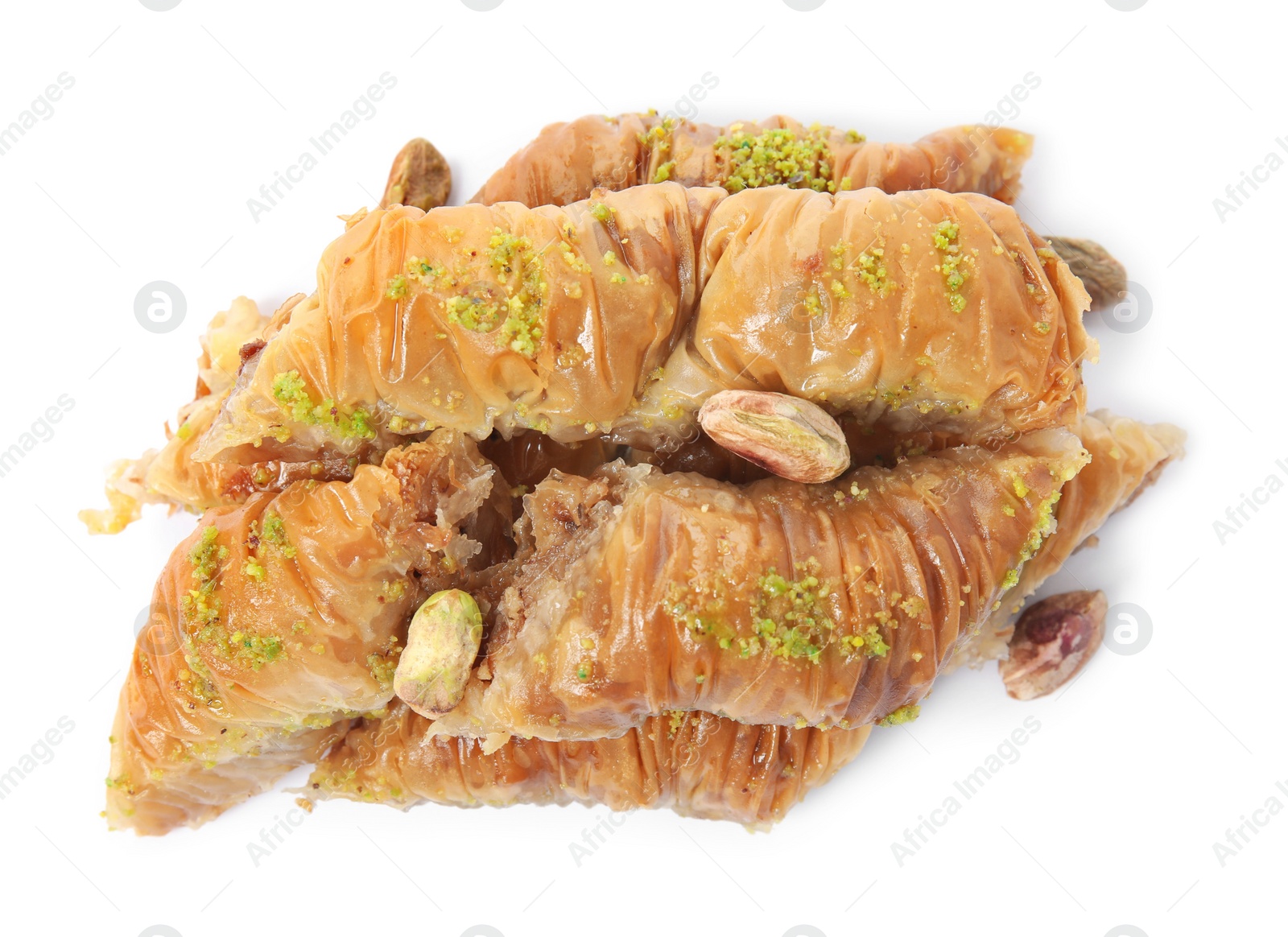 Photo of Delicious baklava with pistachio nuts on white background, top view