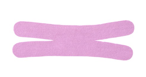 Photo of Violet kinesio tape piece on white background, top view