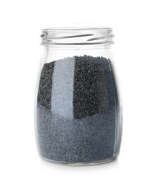 Poppy seeds in glass jar on white background