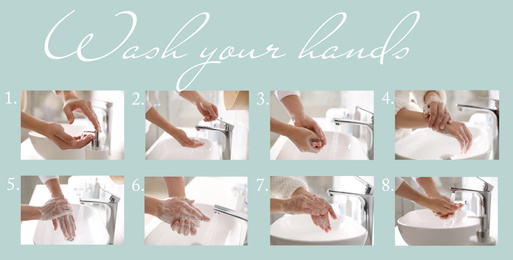 Image of Steps of washing hands effectively. Collage with person over sink in bathroom, closeup