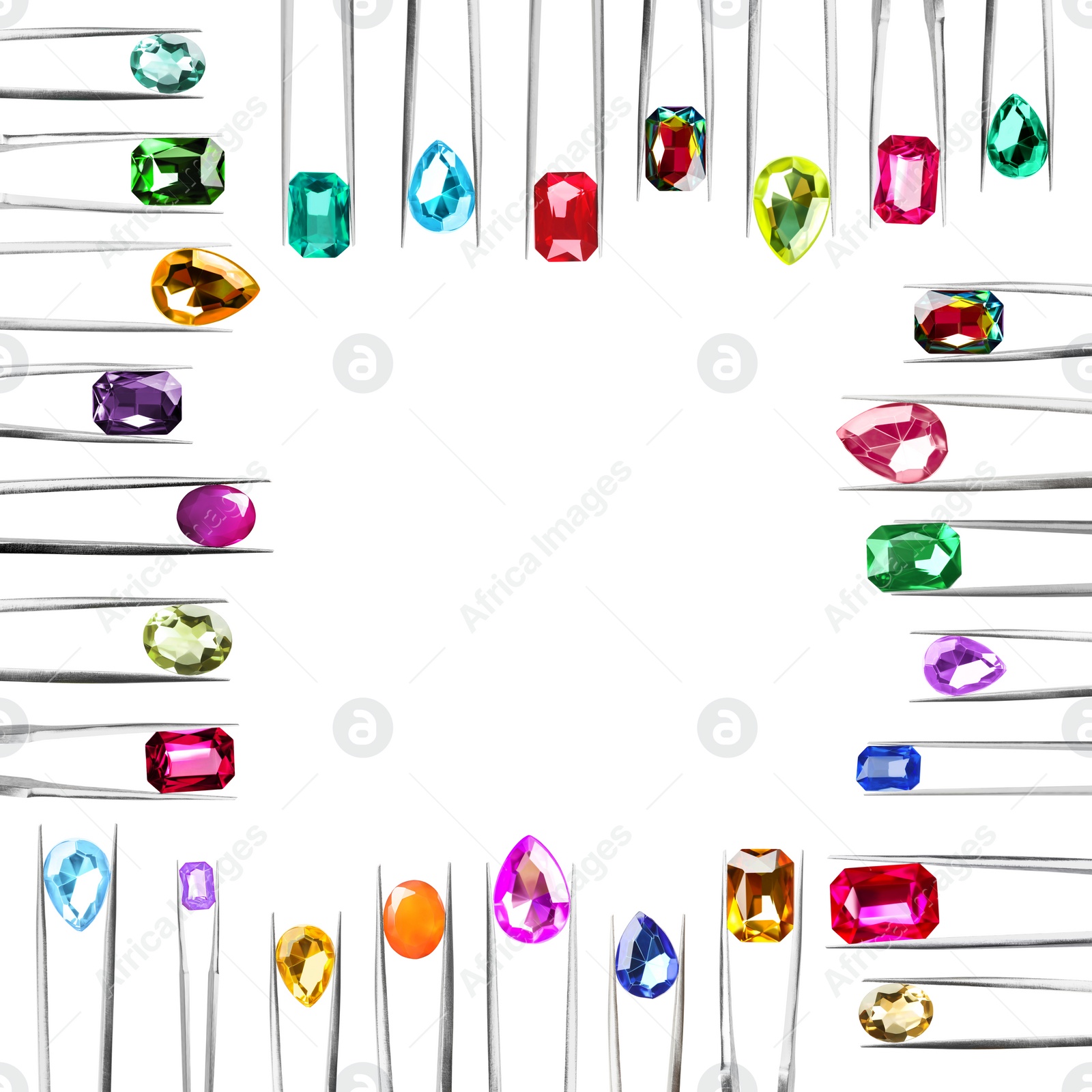 Image of Frame of tweezers with different shiny gemstones on white background