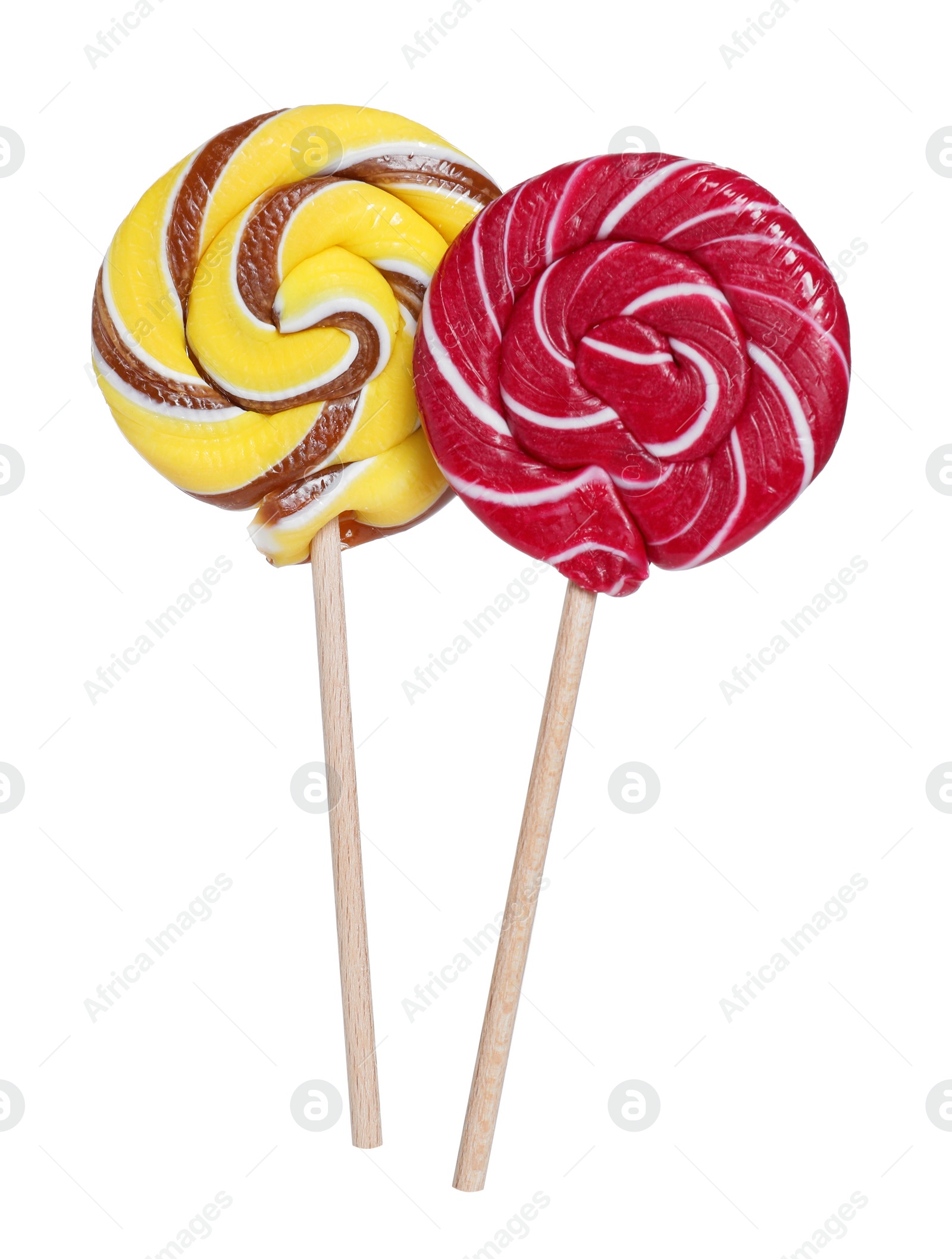 Photo of Sticks with colorful lollipops isolated on white