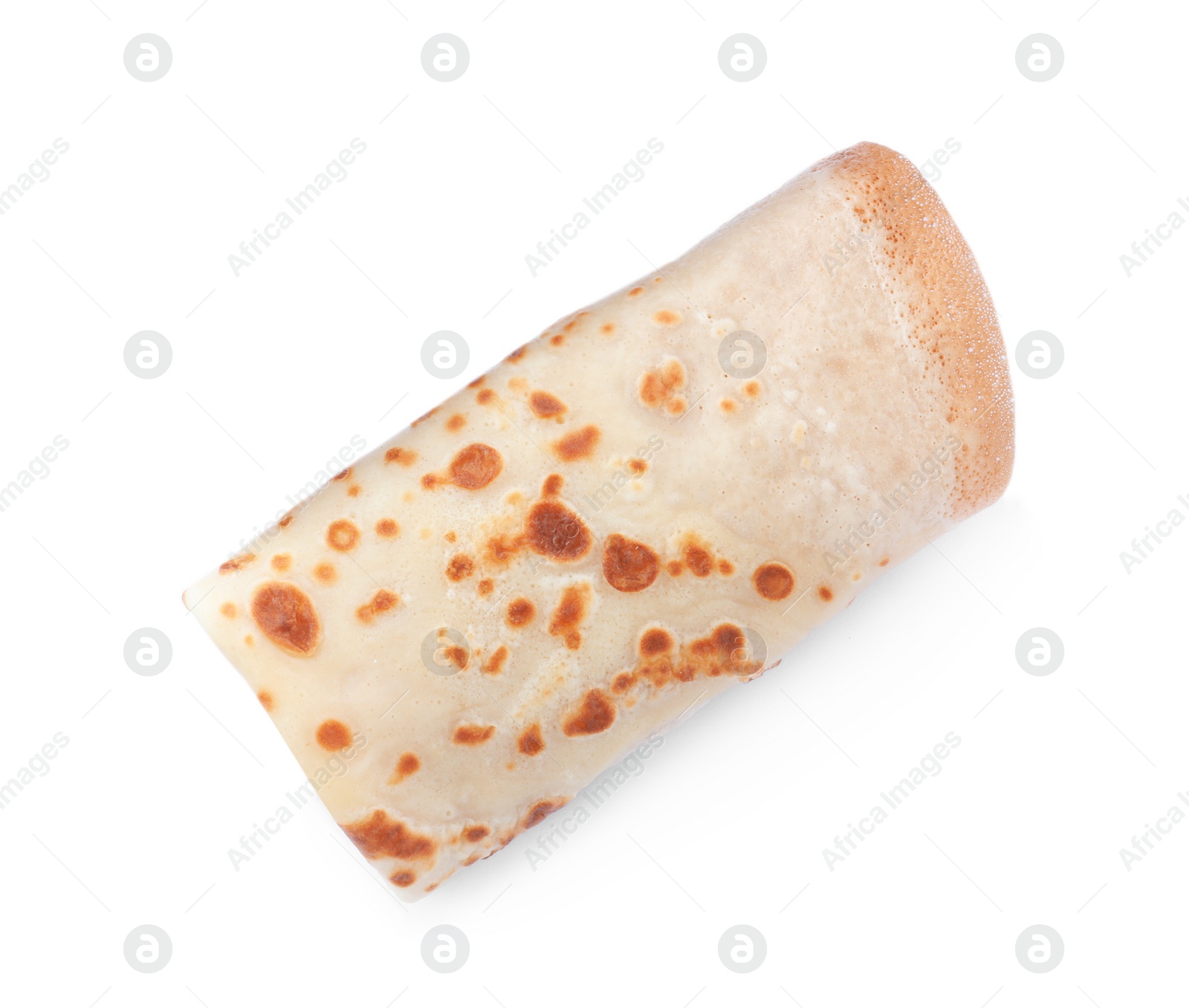 Photo of Delicious rolled crepe isolated on white, top view